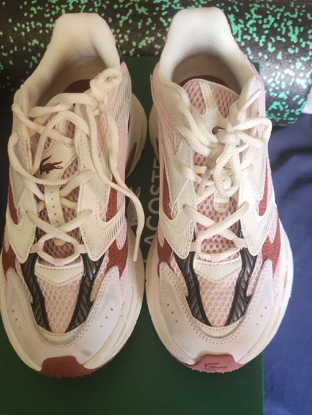 Lacoste White Pink Mesh Chunky Runner Sneakers with Rust Accents